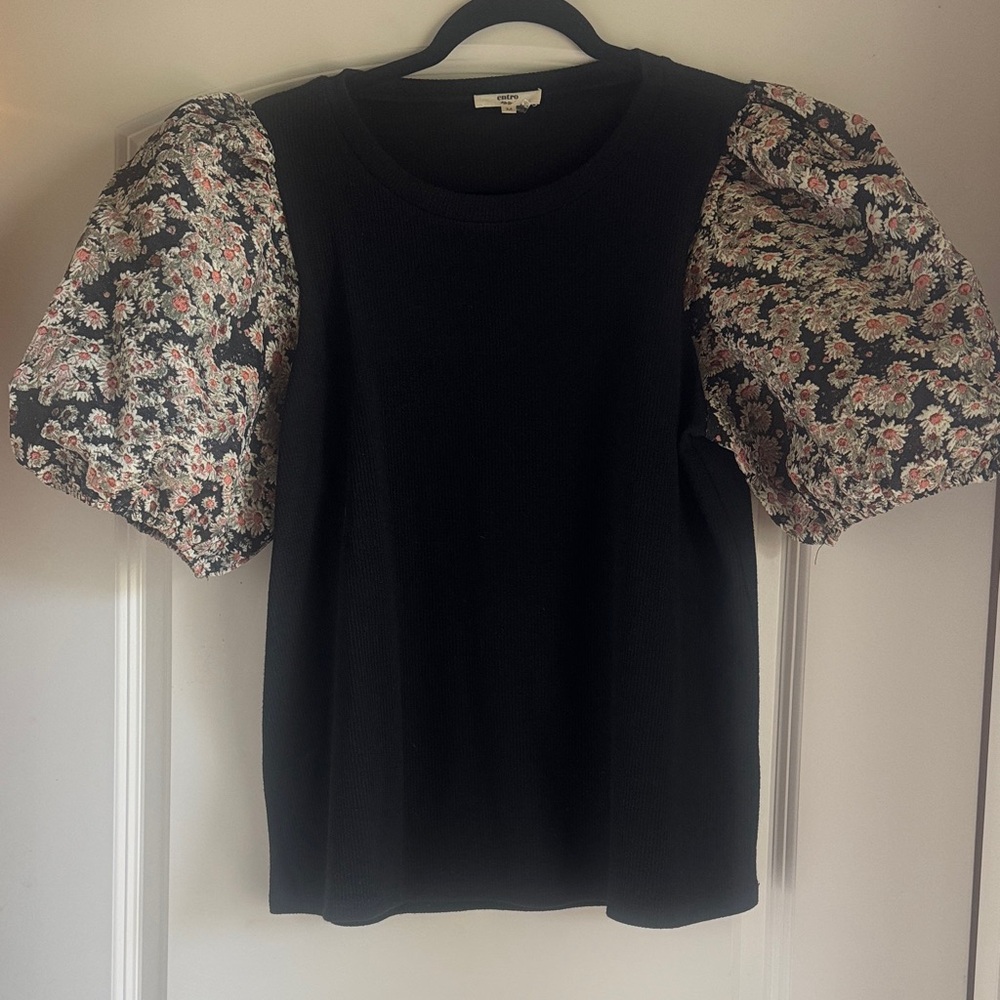 Entro Black Top with Floral Puff Sleeves